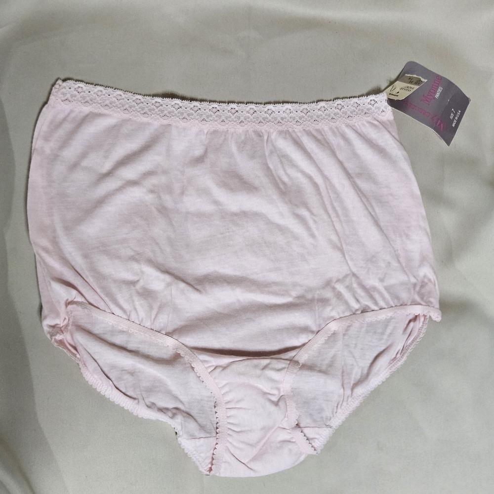 Vintage Myonne Pink Cotton High‎ Waist Brief Panties Lace Trim Size 7 NWT USA
